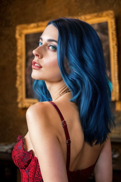 Portrait of an female 29 years old, jewelz blu, full body, wearing a red dress, blue eyes, blue hair, intricate details, highly detailed, slate atmosphere, cinematic, normal colors, normal shot, colorful colors, film grain, lut, horny,  <lora:JewelzBlu-V1.3.1:1>, Realism, RTX, Shaders, Natural Lighting, ((high quality:1.2, masterpiece:1.2)), absurdres, high resolution, (8k resolution), 8k, 8kres, 8k res, high details, detailed and intricate, intricate details, high intricate details, absurd amount of details, super resolution, ultra hd, megapixel,