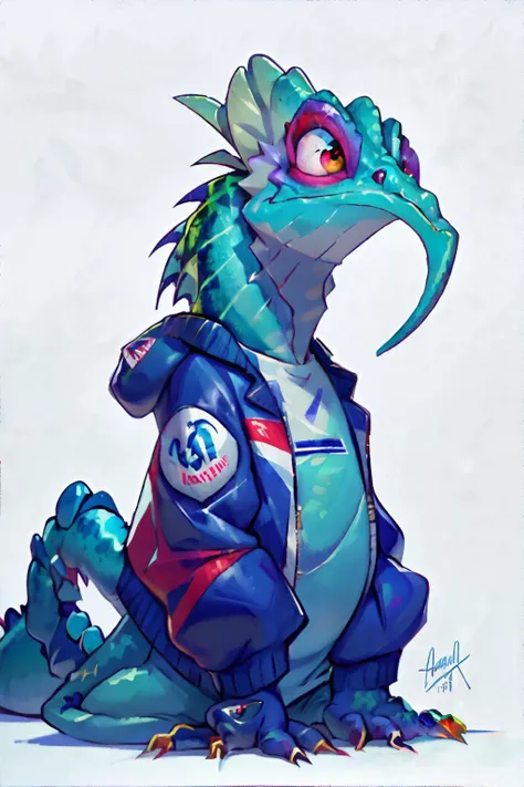 <lora:modillsoft:0.8>, chameleon wearing Varsity Jacket, masterpiece, 8k, high resolution, shallow depth of field, sharp focus