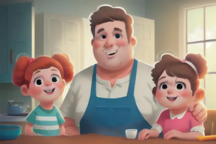 closeup, a family portrait, momn, dad, kitchen in the background   <lora:MODILL_RC_V0.04:1>
