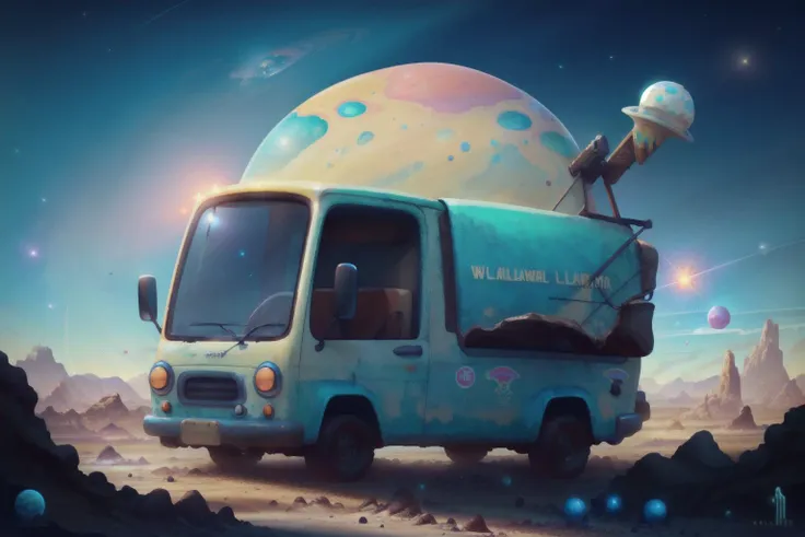 a icecream truck in a wasteland, alien planet, space, starfield, Lakeshore <lora:MODILL_RC_V0.04:0.8>