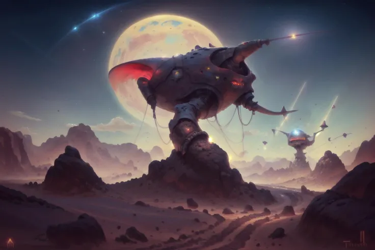 a Mirthful Mirage red alien planet, starfield, Desert Scrub <lora:MODILL_RC_V0.04:0.8>