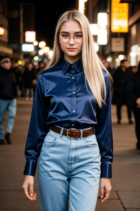a RAW photograph of a smart looking 1girl with glasses, 20yo fashion designer, outdoors, at night, walking downtown, wearing a s1lksh1rt, long sleeves, pink silk shirt, <lora:s1lksh1rt:0.6>, shirt tucked in, blue denim jeans, belt, long platinum blonde hair, stunning brown eyes, warm and sensual smile, slender figure, streetlights, people in background, cowboy shot, full body shot, photographed on a Fujifilm XT3, 80mm F/1.7 prime lens, soft light, agfa ultra, fujicolor superia 1600, cinematic film still, cinestill 500T, highly detailed, masterpiece, highest quality, intricately detailed, HDR, 8k, uhd, photorealistic, <lora:add_detail:1>, <lora:AdvancedEnhancer:2>