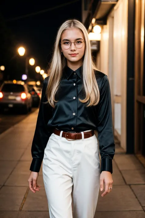 a RAW photograph of a smart looking 1girl with glasses, 20yo fashion designer, outdoors, at night, walking downtown, wearing a s1lksh1rt, long sleeves, pink silk shirt, <lora:s1lksh1rt:0.6>, shirt tucked in, jeans, belt, long platinum blonde hair, stunning brown eyes, warm and sensual smile, slender figure, streetlights, people in background, cowboy shot, full body shot, photographed on a Fujifilm XT3, 80mm F/1.7 prime lens, soft light, agfa ultra, fujicolor superia 1600, cinematic film still, cinestill 500T, highly detailed, masterpiece, highest quality, intricately detailed, HDR, 8k, uhd, photorealistic, <lora:add_detail:1>, <lora:AdvancedEnhancer:2>