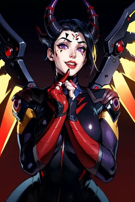 masterpiece,best quality,extreme detail,8k,image sharpness,<lora:mercy-10:0.8>, mercy2,1girl,solo,looking at viewer,smile,short hair,black hair,gloves,purple eyes,upper body,parted lips,wings,horns,blurry,official alternate costume,lips,bodysuit,makeup,blurry background,glowing,facial mark,own hands together,lipstick,demon horns,forehead mark,nose,emblem,red lips,dark persona,mechanical wings,patch,glowing wings, full body
