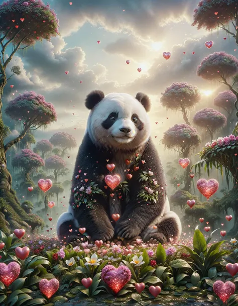 very detailed of a panda in the jungle, trees and flowers, massive cloud of hearts, hyperrealistic scene, detailed focus, epic fantasy scene, cloudy atmosphere , Award-Winning, Masterpiece, <lora:BBB ral-vltne-sdxl:1>