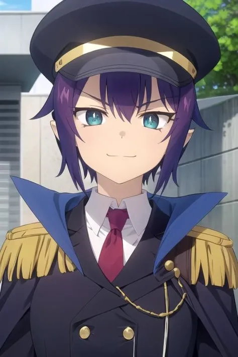 (((pixel-perfect, detail-perfect))), solo, 1girl, <lora:saurva-jahychan-01:0.8>, saurva, hat, epaulettes, uniform, looking at viewer, smirk