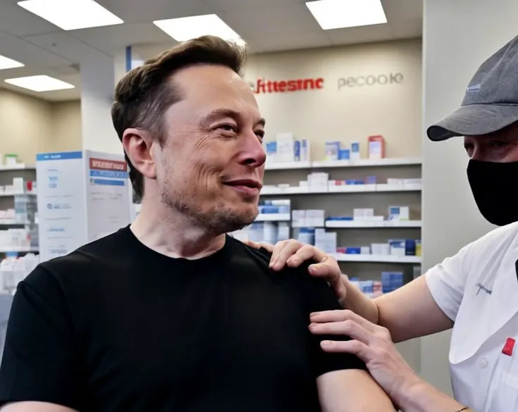 movie still of elonmusk person getting a flu vaccine at his local Walgreens pharmacy. Happy face, happy pharmacist administering vaccine.