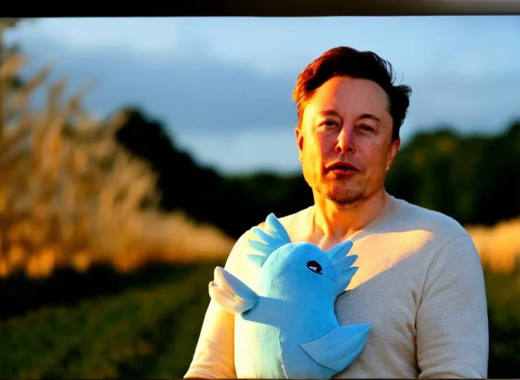 Film footage of Elonmusk person (crying:1.2), ((wearing a plush twitter costume that resembles the twitter bird logo)). gets lost in a corn maze., A place with a very vast nature with big trees and lots of vegetation