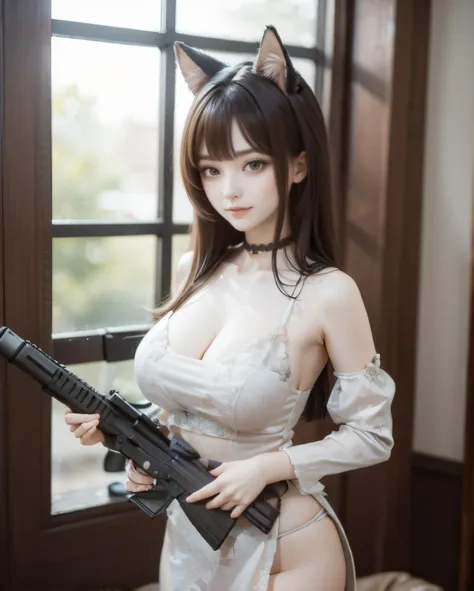 1girl , very long hair, best quality, masterpiece, portrait, a photography of a beautiful girl, detailed face, sweet smile, (blush:1.2), ((torso)),pov, (((depth of field))), pale and lustrous skin, <lora:chocoskin:-0.8> 
huge breasts, long hair, blunt bangs, hime cut, <lora:haremDancer_v1:0.9:MIDD>harem outfit, harem dancer, pelvic curtain, cameltoe, collarbone, revealing clothes, detached sleeves[::1], animal ears, oiled, tank interior, fantastic scenery, window, standing[::9], <lora:hKHK416Lora_v20:0.7:TT>gun, weapon, assault rifle, holding gun, aiming, summer, best quality, sidelighting