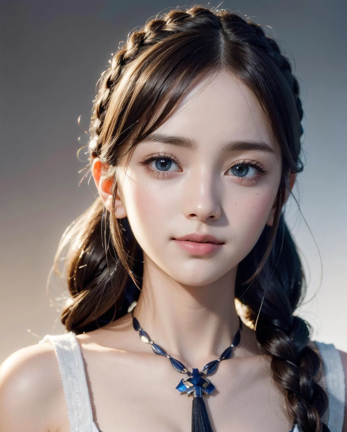 1girl , Greek goddess braid haircut, Jilbab,-,
(realistic, photo-realistic:1.37),(8k, RAW photo, best quality, masterpiece:1.2), cute, ultra-detailed,heart-shaped pupils,physically-based rendering, ultra high res, looking at viewer,photorealistic,realistic, solo, photorealistic, best quality,extremely detailed face,extremely detailed eyes and face, beautiful detailed eyes,absurdres, incredibly absurdres,haunting smile,childish looks, best quality, masterpiece, portrait, a photography of a beautiful girl, detailed face, pov, (((depth of field))), pale and lustrous skin, (flat chest), neon glow, random background,