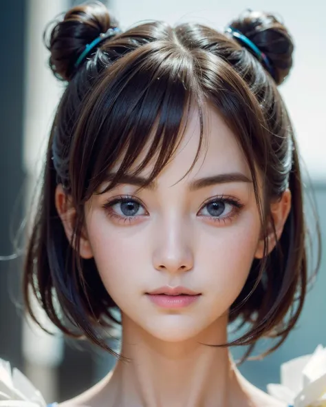 1girl , Sock bun haircut, furisode,-,
(realistic, photo-realistic:1.37),(8k, RAW photo, best quality, masterpiece:1.2), cute, ultra-detailed,heart-shaped pupils,physically-based rendering, ultra high res, looking at viewer,photorealistic,realistic, solo, photorealistic, best quality,extremely detailed face,extremely detailed eyes and face, beautiful detailed eyes,absurdres, incredibly absurdres,haunting smile,childish looks, best quality, masterpiece, portrait, a photography of a beautiful girl, detailed face,  pov, (((depth of field))), pale and lustrous skin, (gigantic breasts), neon glow, random background,