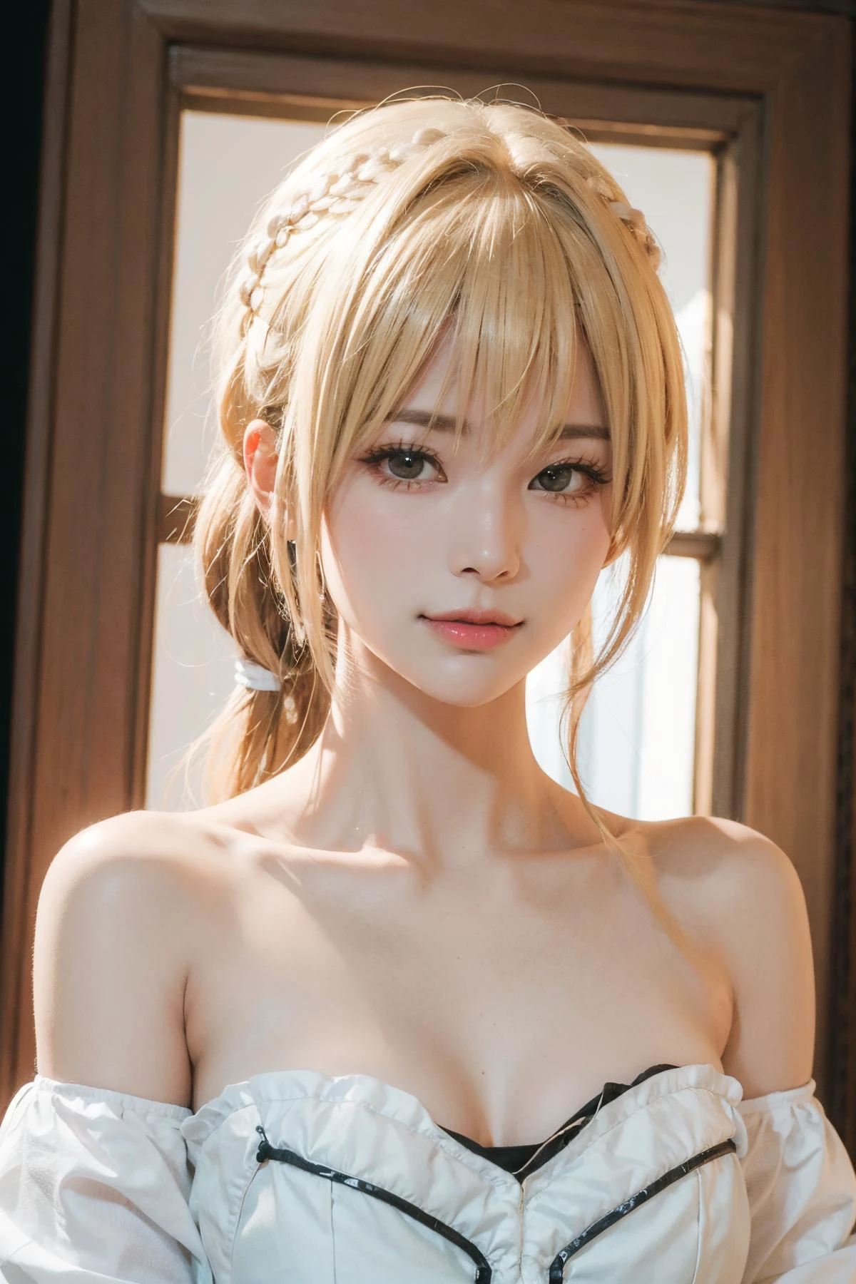 1girl , Braided ponytail haircut, One-Shoulder Blouse,vivid, torso,
(realistic, photo-realistic:1.37),(8k, RAW photo, best quality, masterpiece:1.2), cute, ultra-detailed,heart-shaped pupils,physically-based rendering, ultra high res, looking at viewer,photorealistic,realistic, solo, photorealistic, best quality,extremely detailed face,extremely detailed eyes and face, beautiful detailed eyes,absurdres, incredibly absurdres,haunting smile,childish looks, best quality, masterpiece, portrait, a photography of a beautiful girl, detailed face, pov, (((depth of field))), pale and lustrous skin, (flat chest), neon glow, random background, <lora:no119Girl_no119Girl:0.8:HALF_ALT_B>