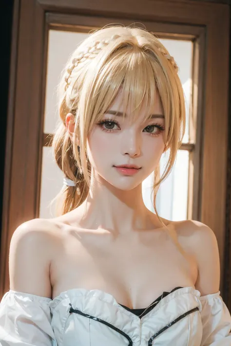 1girl , Braided ponytail haircut, One-Shoulder Blouse,vivid, torso, 
(realistic, photo-realistic:1.37),(8k, RAW photo, best quality, masterpiece:1.2), cute, ultra-detailed,heart-shaped pupils,physically-based rendering, ultra high res, looking at viewer,photorealistic,realistic, solo, photorealistic, best quality,extremely detailed face,extremely detailed eyes and face, beautiful detailed eyes,absurdres, incredibly absurdres,haunting smile,childish looks, best quality, masterpiece, portrait, a photography of a beautiful girl, detailed face,  pov, (((depth of field))), pale and lustrous skin, (flat chest), neon glow, random background,  <lora:no119Girl_no119Girl:0.8:HALF_ALT_B>