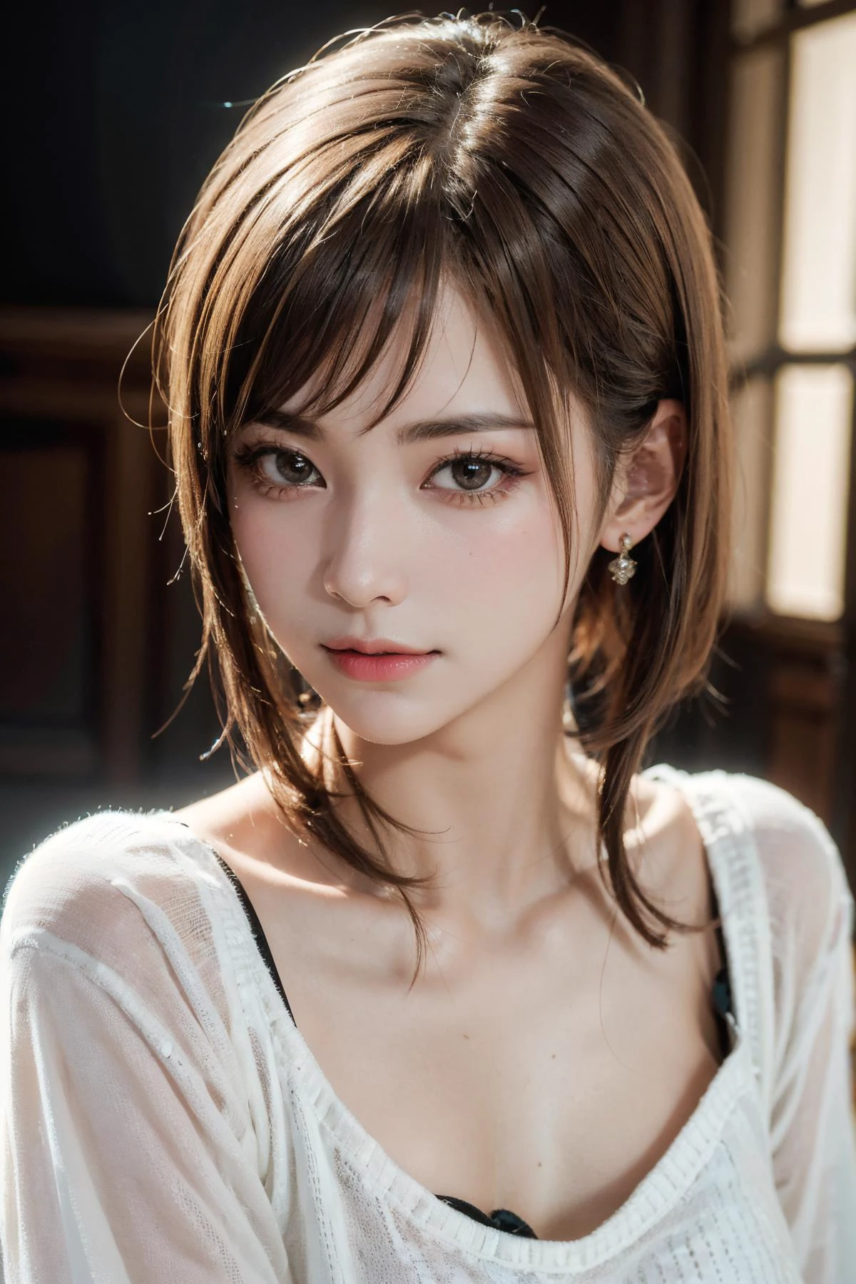 1girl , Zigzag part haircut, Sweater,deep,
(realistic, photo-realistic:1.37),(8k, RAW photo, best quality, masterpiece:1.2), cute, ultra-detailed,heart-shaped pupils,physically-based rendering, ultra high res, looking at viewer,photorealistic,realistic, solo, photorealistic, best quality,extremely detailed face,extremely detailed eyes and face, beautiful detailed eyes,absurdres, incredibly absurdres,haunting smile,childish looks, best quality, masterpiece, portrait, a photography of a beautiful girl, detailed face, pov, (((depth of field))), pale and lustrous skin, (small breasts), neon glow, random background, <lora:no119Girl_no119Girl:0.8:OUTS>