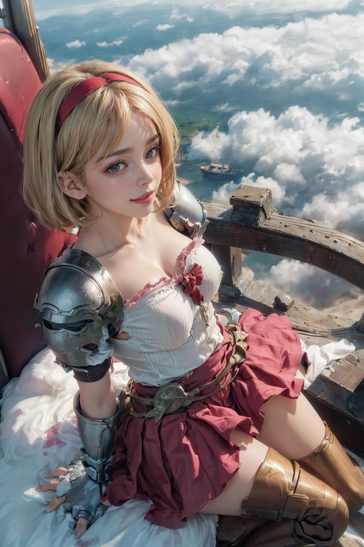 (8k, RAW photo, best quality, masterpiece:1.1), ,(realistic, photo realistic:1.25), ((best quality)),
,(ultra-detailed blonde bob hair, many detailed tangle hair streak:1.2)
,(looking at viewer:1.2),dynamic angle,chiled-faced
,<lora:GB_djeeta-10:1>( djeeta,blonde hair,brown eyes,djeetadef,red hairband, armor, shoulder armor,pink dress,red bow, pink skirt, thigh boots, gauntlets)
,(sitting:1.2)
,(thigh focus,from above:1.2)
,(Deck of a ship flying in the sky,above the clouds:1.2)