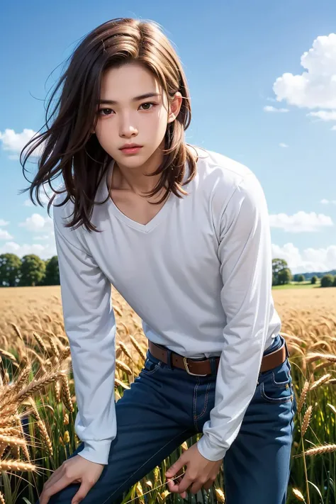 masterpiece, best quality, highly detailed, illustration, realistic, photo-realistic, , athletic, 1boy, , , hair between eyes, detailed eyes, petite, young boy, boy, 14 yearchest, thin thighs, long sleeves, pants, belt, , , , Leaning Forward, looking at viewer, , , field of wheat,