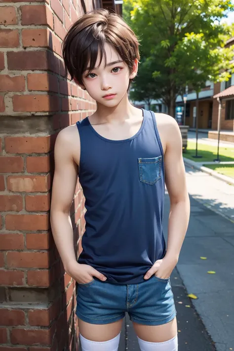 masterpiece, best quality, highly detailed, illustration, , , athletic, 1boy, cute face, , , detailed eyes, petite, young boy, boy, 15 yearchest, thin thighs, tank top, denim, , thighhighs, , , hand in pocket, looking at viewer, , , Outdoors,