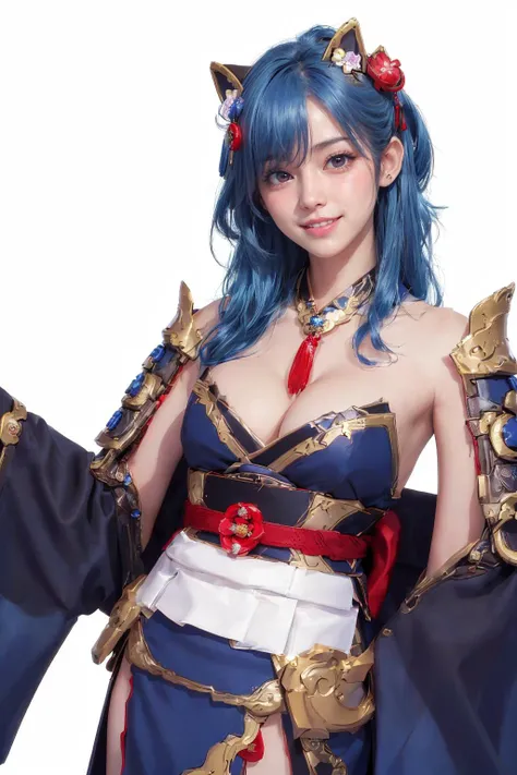 ,(8k, RAW photo, best quality, masterpiece:1.3), High detail RAW color photo, professional photograph,
,(realistic, photo realistic:1.65), ((best quality)), (masterpiece:1.5), (best quality:1.2)
,(finerly detailed face:1.3),(fullbody,standing:1.2)
<lora:滸æå¾¡æ:0.5>(Red flower hair ornament,Blue Clothes,CleavageBlue kimono belt,Red belt,Black tights,black dog ears,Sky-blue semi-long hair,blue Japanese-style armour shoulder protector:1.2)
,(smile,teeth:1.2)
,(ultra-detailed hair:1.2),(looking at veiwer)
,(Japanese castle background:1.35)