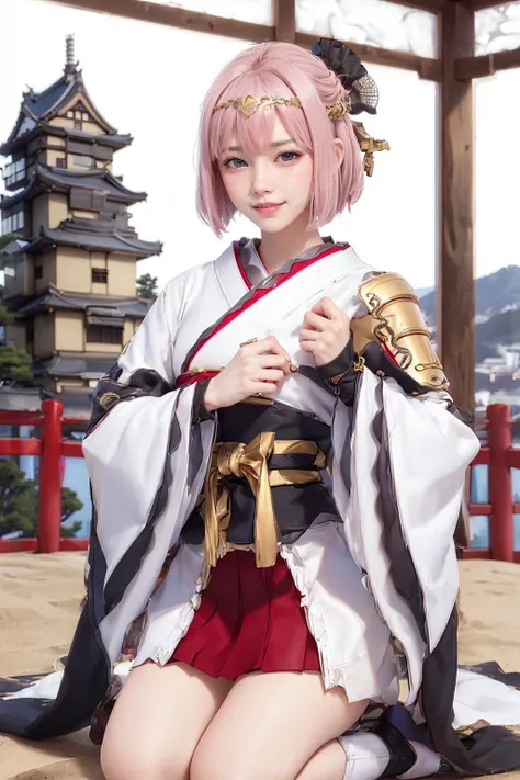 (8k, RAW photo, best quality, masterpiece:1.3), High detail RAW color photo, professional photograph,
,(realistic, photo realistic:1.65), ((best quality)), (masterpiece:1.5), (best quality:1.2)
,(finerly detailed face:1.3),(cowboyshot,standing:1.2)
<lora:Hakurojo:0.65>Hakurojo-pc,semi-long pink hair,Thighs,zettai_ryouiki,thigh_gap,white tights,red mini skirt,white shoulder armor,white Gauntlets,black fingerless gloves,(gold Circlet:1.2),red strap japanese shoes
,(smile,teeth:1)
,(ultra-detailed hair:1.2),(looking at veiwer)
,(Japanese castle background:1.4)