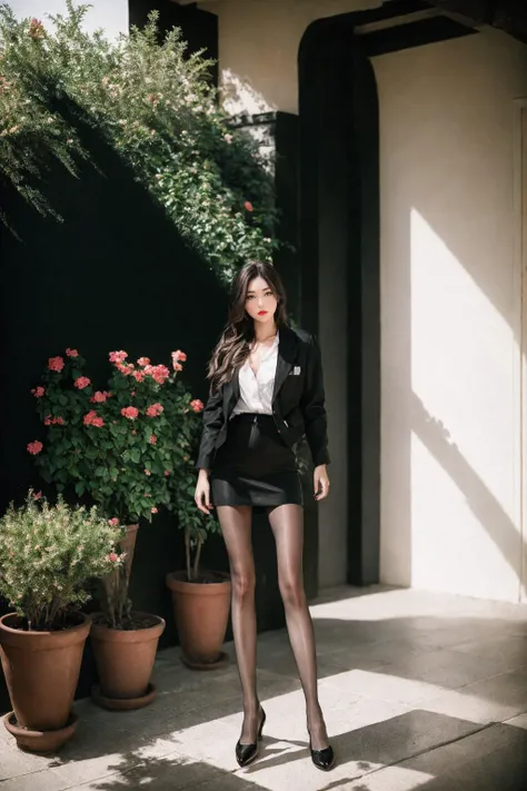 (nikon RAW photo, 8k, Fujifilm XT3), (photorealistic:1.3),1girl, solo, long hair, skirt, black hair, jewelry, standing, jacket, indoors, black footwear, high heels, cup, black jacket,(black pantyhose), plant, potted plant, perfect anatomy, slender, realistic, afternoon sun, warm, nostalgia,best quality, exquisite details, high-resolution, 85mm film, timeless elegance. portrait photography, 35mm film, natural blurry  <lora:h2iai_fullshot_v1:0.85>  <lora:perfectpantyhose:0.6>  <lora:FilmVelvia:0.4>