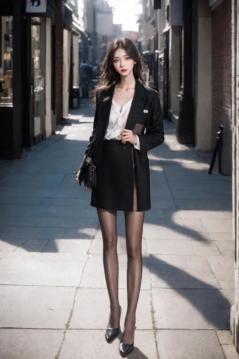 (nikon RAW photo, 8k, Fujifilm XT3), (photorealistic:1.3),1girl, solo, fashion portrait,(black pantyhose), urban street, city, shop, perfect anatomy, slender, realistic, afternoon sun, warm, nostalgia,best quality, exquisite details, high-resolution, 85mm film, timeless elegance. portrait photography, 35mm film, natural blurry <lora:h2iai_fullshot_v1:0.85> <lora:perfectpantyhose:0.6> <lora:FilmVelvia:0.4>