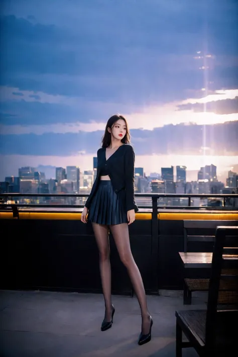 (nikon RAW photo, 8k), (photorealistic:1.3),1girl, full body, solo, fashion portrait, fashionable outfit, stuning dress, pleated skirt, (black pantyhose), rooftop garden, roofbar, couch, fancy restaurant, table, city background, highrises, skyscraper,cinematic lighting, night view, ((light particles, light beam)), realistic, morning sun, dynamic, fresh,best quality, exquisite details, high-resolution, 85mm film, timeless elegance. portrait photography, 85mm film, natural blurry <lora:h2iai_fullshot_v1:0.75> <lora:perfectpantyhose:0.6>