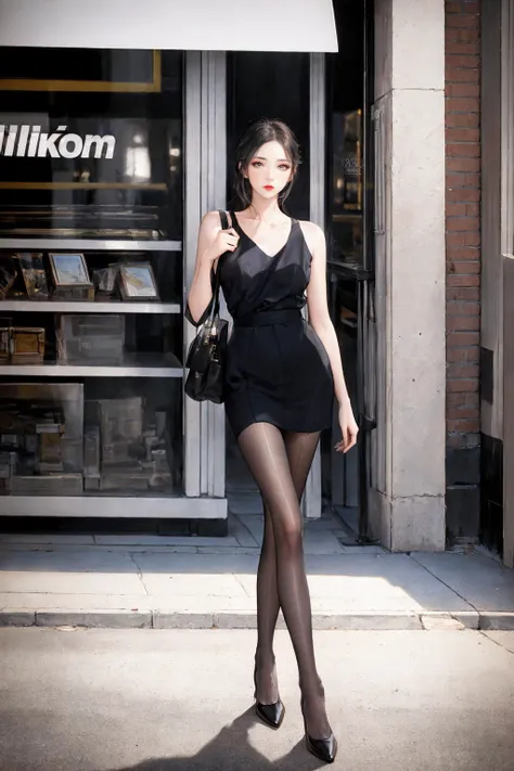 (nikon RAW photo, 8k, Fujifilm XT3), (photorealistic:1.3),1girl, solo, fashion portrait,(black pantyhose), urban street, city, shop, perfect anatomy, slender, realistic, afternoon sun, warm, nostalgia,best quality, exquisite details, high-resolution, 85mm film, timeless elegance. portrait photography, 35mm film, natural blurry  <lora:h2iai_fullshot_v1:0.85>  <lora:perfectpantyhose:0.6>  <lora:FilmVelvia:0.4>