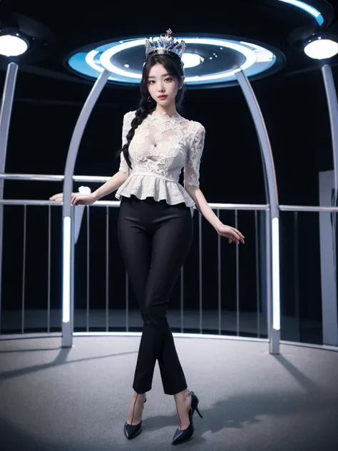 1girl, solo,  full body, looking at viewer,  standing, Braided crown with loose curls hair, breasts, Futuristic robot restaurant with entertainment., <lora:h2iai_fullshot_v0.1:0.45>, <lora:Style_FilmGirl_VELVIA_2:0.8> , high heels, Lace-trimmed peplum blouse with straight-leg pants and pumps.