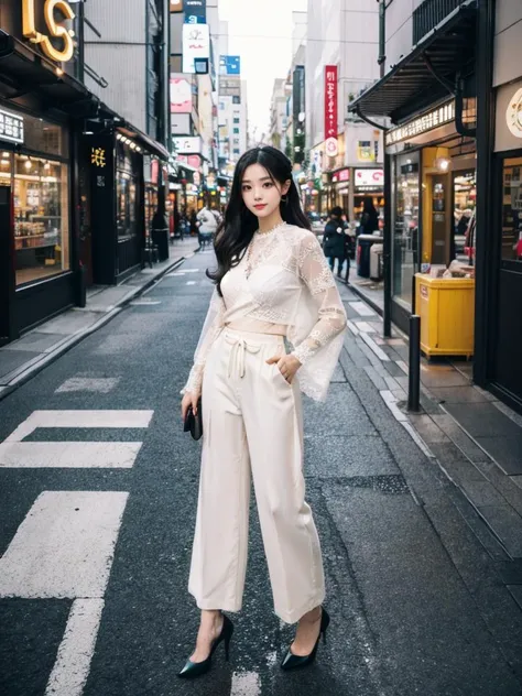 1girl, solo, full body, looking at viewer, standing, Sleek and straight with blunt cut ends, breasts, Vibrant Harajuku district with youthful fashion., <lora:h2iai_fullshot_v0.1:0.45>, <lora:Style_FilmGirl_VELVIA_2:0.8> , high heels, Lace-trimmed wrap blouse with ankle-length pants.