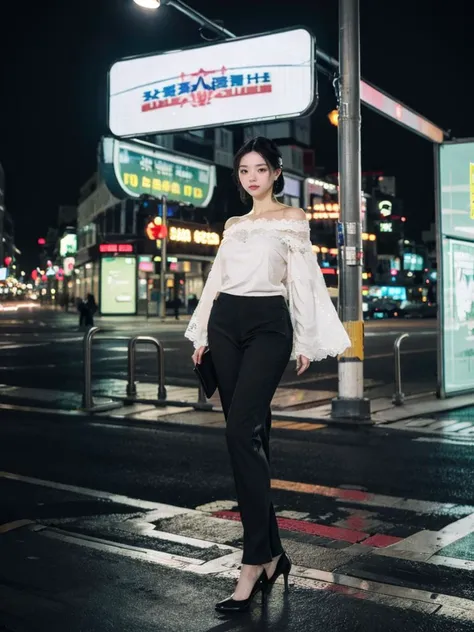 1girl, solo, full body, looking at viewer, standing, Textured waves with straight ends, breasts, High-tech electronics district with neon lights., <lora:h2iai_fullshot_v0.1:0.45>, <lora:Style_FilmGirl_VELVIA_2:0.8> , high heels, Lace-trimmed off-the-shoulder blouse with wide-legged pants.