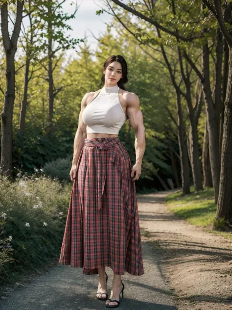 1girl, solo,  full body, looking at viewer,  standing, Half-up half-down hair with subtle twists, large breasts, Spring, romantic strolls beneath budding trees,  <lora:h2iai_fullshot_v0.1:0.55>, <lora:Style_FilmGirl_VELVIA_2:0.8> ,High-low hem skirt, halter neck top  ,missymuscle-8100,
