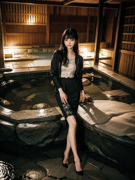 1girl, solo, full body, looking at viewer, standing, Straight hair with side-swept bangs, breasts, Traditional onsen with hot spring baths., <lora:h2iai_fullshot_v0.1:0.45>, <lora:Style_FilmGirl_VELVIA_2:0.8> , high heels, Lace-trimmed pencil skirt suit with peplum jacket.