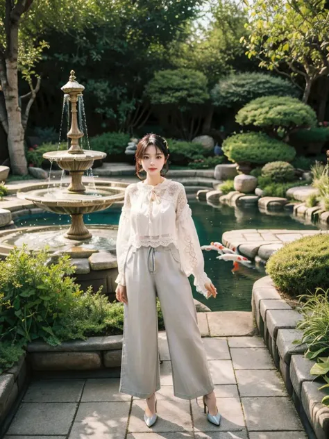 1girl, solo, full body, looking at viewer, standing, Half-up half-down hair with subtle twists, breasts, Peaceful garden with koi pond., <lora:h2iai_fullshot_v0.1:0.45>, <lora:Style_FilmGirl_VELVIA_2:0.8> , high heels, Lace-up blouse with ruffle detailing and wide-leg pants.