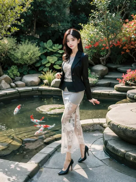 1girl, solo,  full body, looking at viewer,  standing, Sleek hair and straight with deep side part, breasts, Peaceful garden with koi pond., <lora:h2iai_fullshot_v0.1:0.45>, <lora:Style_FilmGirl_VELVIA_2:0.8> , high heels, Lace-trimmed pencil skirt suit with peplum jacket.