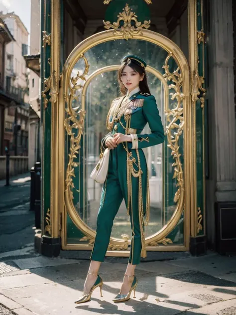 1girl, solo, straight hair, full body,looking at viewer,sunlight,  a magic portal to the past,An impeccable empress military uniform adorned with emerald accents, showcasing power and beauty in a harmonious design., <lora:h2iai_fullshot_v0.1:0.55>, <lora:Style_FilmGirl_VELVIA_2:0.8> , high heels,