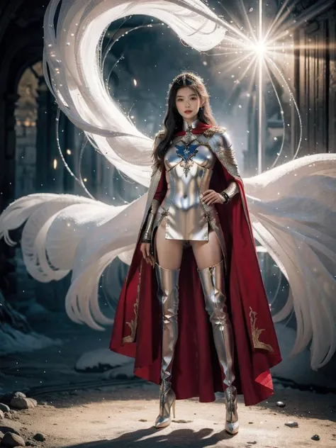 1girl, solo, straight hair, full body,looking at viewer,sunlight, a magic portal to the past,A battle-ready empress uniform boasting a pearl-studded breastplate, silver epaulettes, and a flowing crimson cape., <lora:h2iai_fullshot_v0.1:0.55>, <lora:Style_FilmGirl_VELVIA_2:0.8> , high heels,