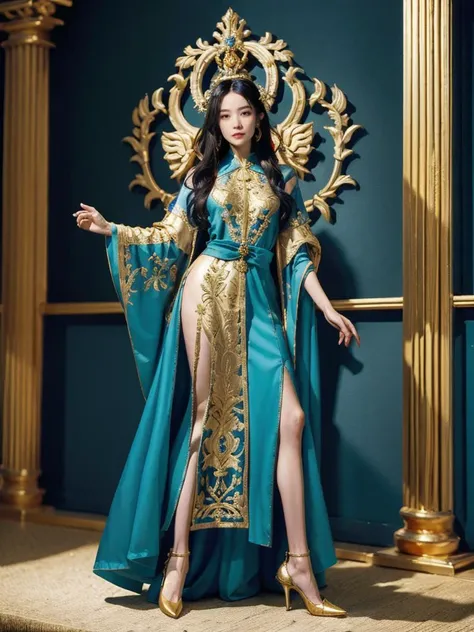 1girl, solo, straight hair, full body,looking at viewer,sunlight,  a quest for a legendary sword,The empress's royal battlefield attire boasts a commanding cerulean tunic, embellished with golden lacework and embroidered emblems., <lora:h2iai_fullshot_v0.1:0.55>, <lora:Style_FilmGirl_VELVIA_2:0.8> , high heels,