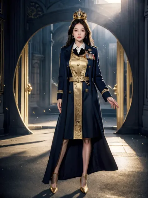 1girl, solo, straight hair, full body,looking at viewer,sunlight, a magic portal to a fantasy world,A regal empress officer uniform with a high-collared navy-blue coat adorned with golden buttons and a royal crown emblem., <lora:h2iai_fullshot_v0.1:0.55>, <lora:Style_FilmGirl_VELVIA_2:0.8> , high heels,