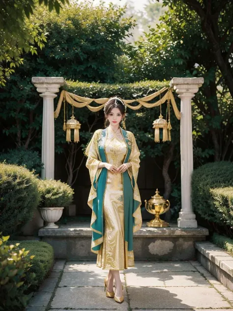 1girl, Straight hair with choppy layers at the ends, full body, looking at viewer,huge breasts, standing, The military officer uniform for a princess boasts a resplendent ivory tunic, adorned with intricate golden lacework and emblems., A traditional tea ceremony takes place in a tranquil garden, emphasizing harmony and grace., <lora:h2iai_fullshot_v0.1:0.55>, <lora:Style_FilmGirl_VELVIA_2:0.8> , high heels,