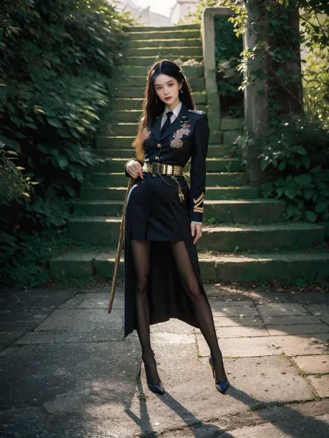 1girl, solo, straight hair, full body,looking at viewer,sunlight, a witch's coven fights for power,An impeccable empress military uniform adorned with emerald accents, showcasing power and beauty in a harmonious design., <lora:h2iai_fullshot_v0.1:0.55>, <lora:Style_FilmGirl_VELVIA_2:0.8> , high heels,
