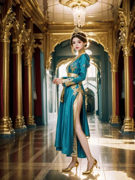 1girl, Long layers with subtle face-framing highlights, full body, looking at viewer,huge breasts, standing, The regal princess battlefield attire includes a resplendent cerulean tunic, embellished with golden lacework and embroidered emblems., The sound of traditional music resonates through the palace halls, captivating all who listen., <lora:h2iai_fullshot_v0.1:0.55>, <lora:Style_FilmGirl_VELVIA_2:0.8> , high heels,