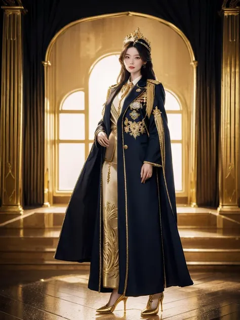 1girl, solo, straight hair, full body,looking at viewer,sunlight, a magic portal to a parallel world,An exquisite empress officer uniform with a golden-embroidered coat, adorned with a regal crown emblem., <lora:h2iai_fullshot_v0.1:0.55>, <lora:Style_FilmGirl_VELVIA_2:0.8> , high heels,