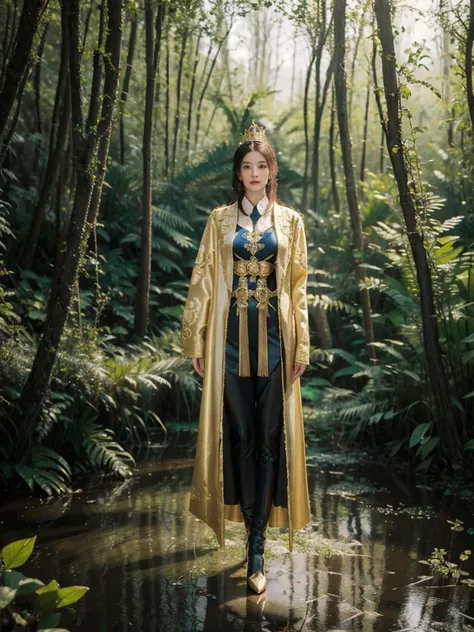 1girl, solo, straight hair, full body,looking at viewer,sunlight, a group of adventurers venture into a mysterious and treacherous swamp to find a lost treasure,An exquisite empress officer uniform with a golden-embroidered coat, adorned with a regal crown emblem., <lora:h2iai_fullshot_v0.1:0.55>, <lora:Style_FilmGirl_VELVIA_2:0.8> , high heels,