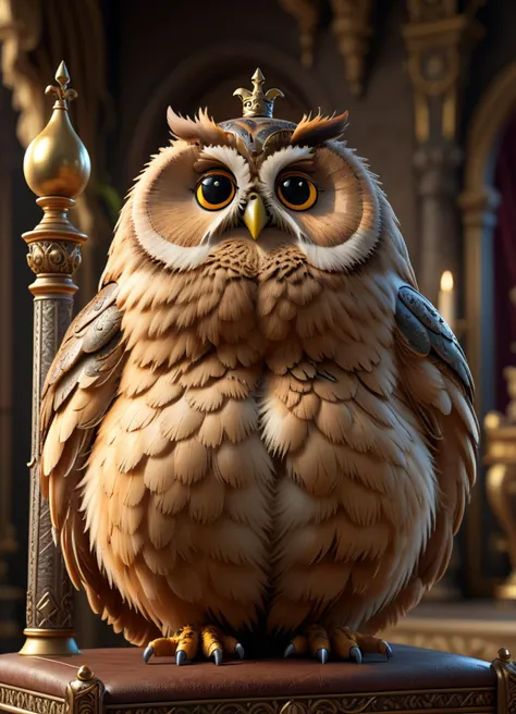 great fat owl on the throne, scepter, tail, side shot, decorations, 8k, F2.8, RAW Photo, ultra detailed  <lora:HyLper-Accelerate-PAseer:1> <lora:[XL]fat:0.8>