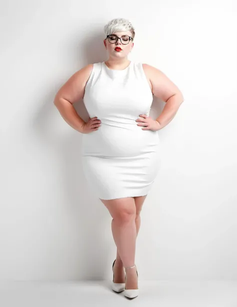 advertising poster style, a lewd fat lad, pixie cut, wearing glasses and little white dress, half-closed eyes, open mouth, dynamic pose, white abstract background, commercial, eye-catching, highly detailed, soft light,  <lora:[XL]fat:0.7> <lora:SDXL_White_Sa_May:1>