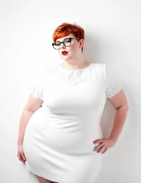 advertising poster style, a lewd fat lad, pixie cut, wearing glasses and little white dress, half-closed eyes, open mouth, dynamic pose, white abstract background, commercial, eye-catching, highly detailed, soft light,  <lora:[XL]fat:0.7> <lora:SDXL_White_Sa_May:1>