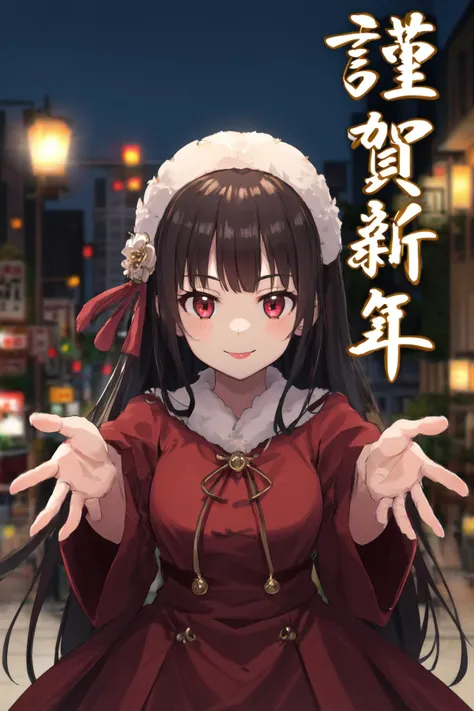 masterpiece, best quality, highres, 1girl happy new year <lora:happy_new_year_kanji:1> outstretched arms, reaching out, smile
