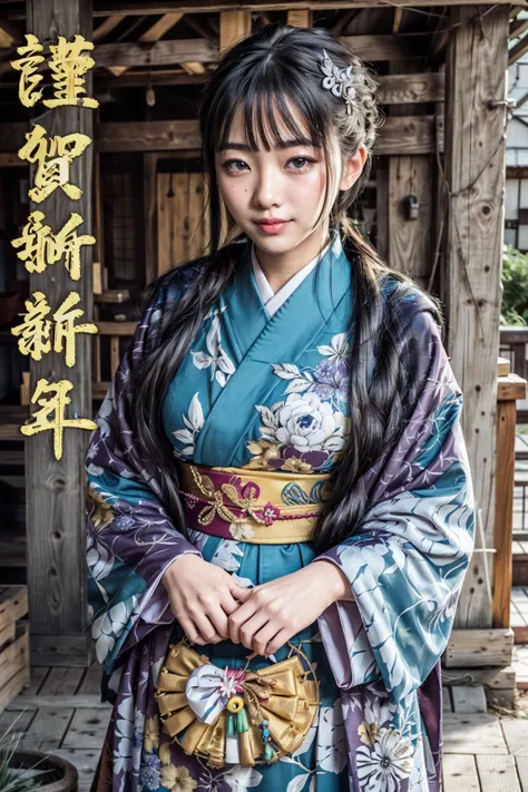 (realistic:1.3), finely detailed, quality, rembrandt lighting, (masterpiece:1.2), (photorealistic:1.2), (best quality), (detailed skin:1.3), (intricate details), dramatic, ray tracing, 1girl, japanese girl, 21 years old, detailed skin texture, (blush:0.5), (goosebumps:0.5), subsurface scattering, smiling, medium breasts, updo hair, bangs, hair between eyes, hair ornament, kanzashi, hair flower, kimono, japanese clothes, fur trim, cowboy shot, (happy new year:1.2), (bright sunny day, traditional japanese shrine, shinto shrine), <lora:happy_new_year_kanji:1>