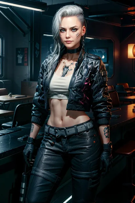 ((masterpiece, best quality))
<lora:CyberRogueYoung:0.8>
CyberRogueYoung, 1girl, solo, gloves, navel, aqua hair, make up, jacket, choker, midriff, belt, cropped jacket, long hair