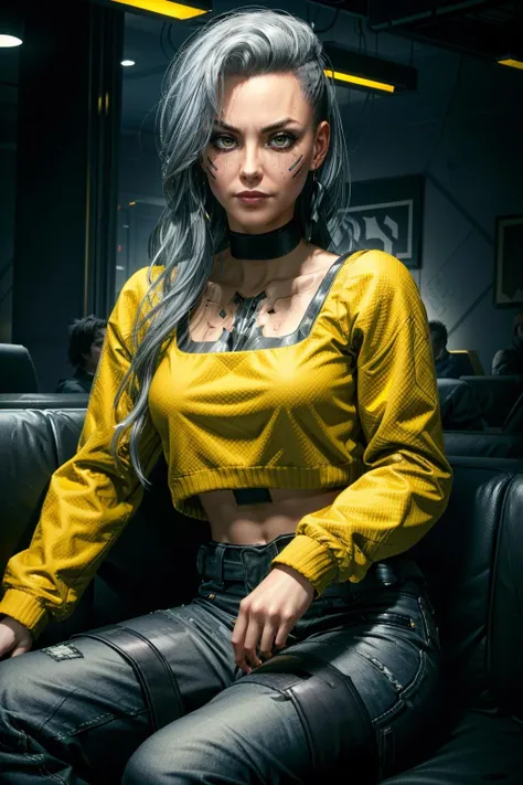 (masterpiece, best quality)
RogueCyberpunk, 1girl, solo, long hair, looking at viewer, shirt, long sleeves, jewelry, sitting, closed mouth, grey hair, earrings, choker, pants, sweater, lips, black choker, facial mark, denim, couch, clothes writing, colored sclera, yellow shirt, jeans, realistic, yellow sweater
<lora:epi_noiseoffset2:1> <lora:add_detail:0.7> <lora:RogueCyberpunk:0.8>